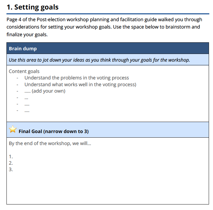 A screenshot from the planning worksheet section on setting goals